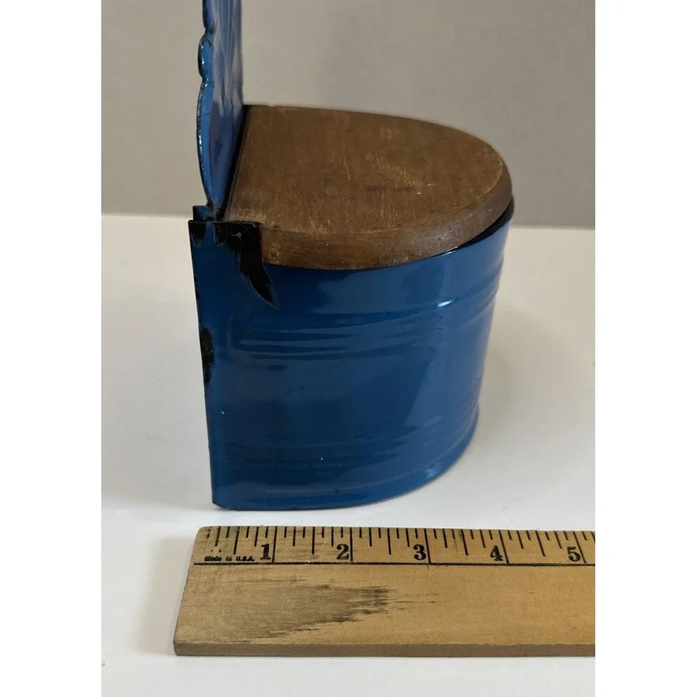 Vtg Polish Enamelware Salt Box Blue Wall Hanging Cellar Wooden Lid Huta Silesia